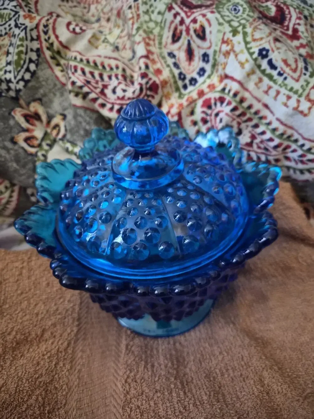 Vintage Fenton Colonial Blue Glass Hobnail Pedestal Covered Candy Dish